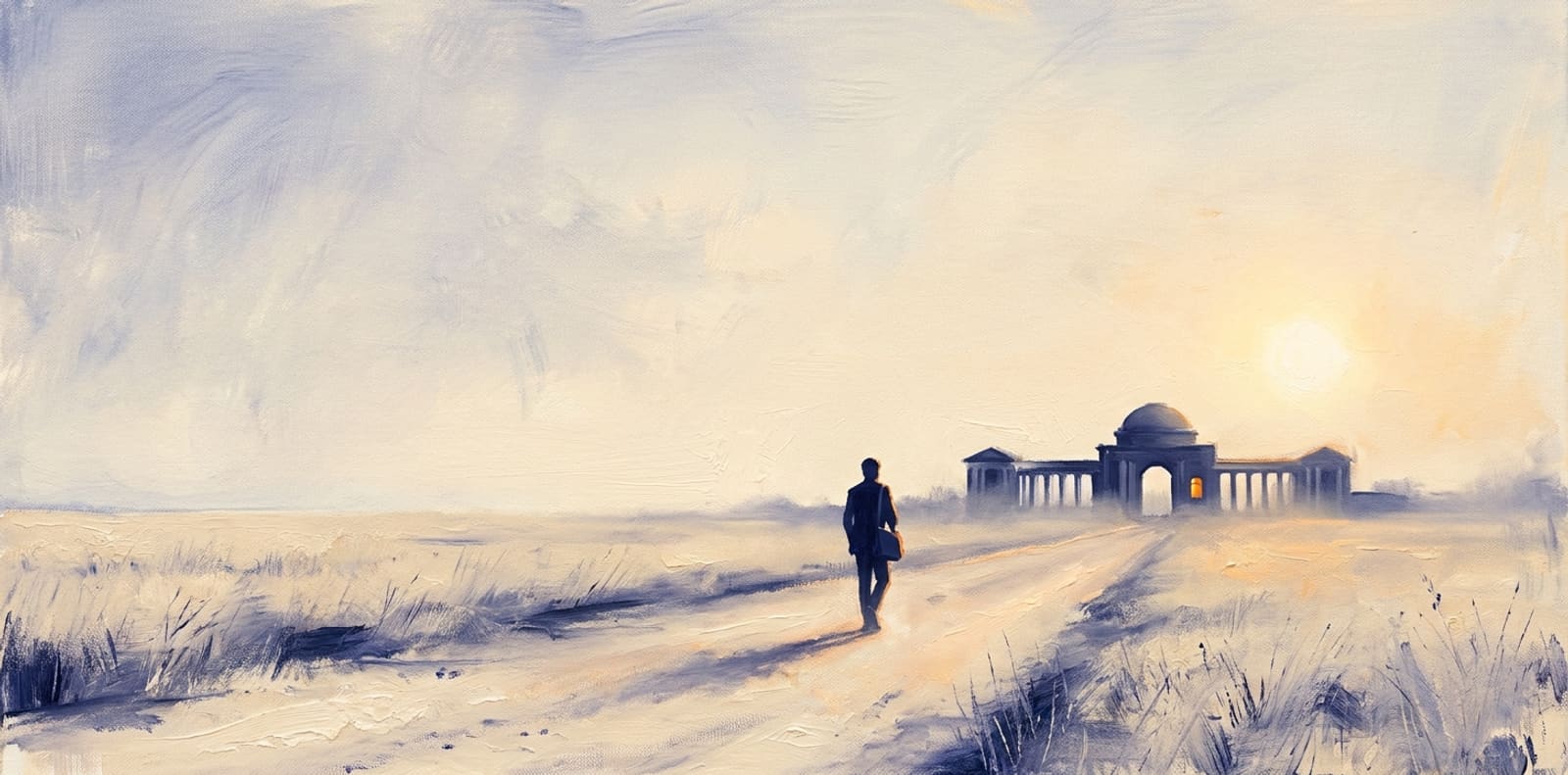 Painterly daylight composition in the manner of Andrew Wyeth's tempera-toned fields: a single small deep-indigo silhouette of a young person carrying a satchel walks away from the viewer along an unpaved path receding through a dry meadow. At the path's vanishing point, a low classical campus gateway is suggested in deep-indigo silhouette with one warm amber-lit window. A luminous warm sun sits low on the horizon casting first-light across the scene; pale-indigo Turner-late sky fills the upper two-thirds of the frame.
